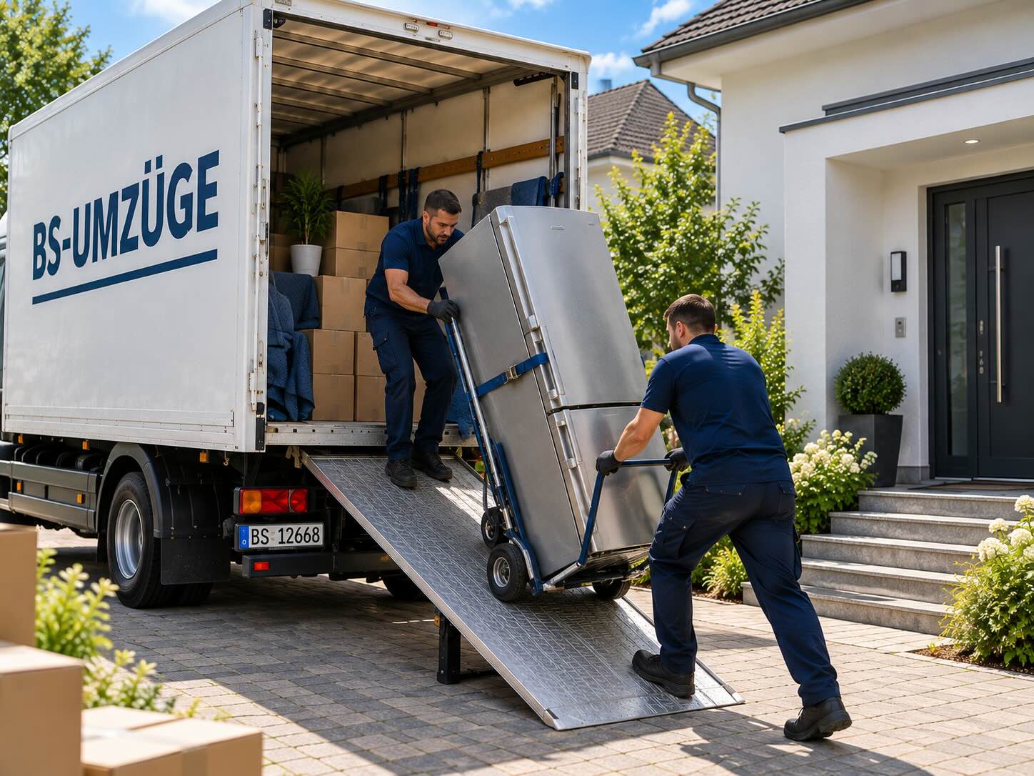 Zwei Mitarbeiter verladen einen Kühlschrank über eine Rampe in den Umzugs-LKW