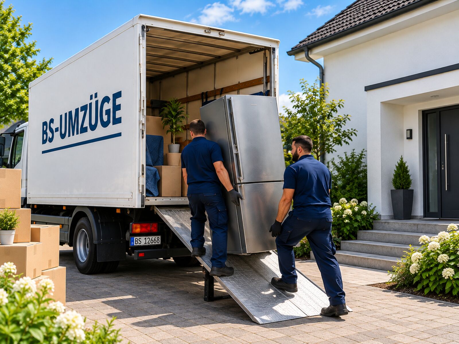 Zwei Mitarbeiter verladen einen Kühlschrank über eine Rampe in den Umzugs-LKW